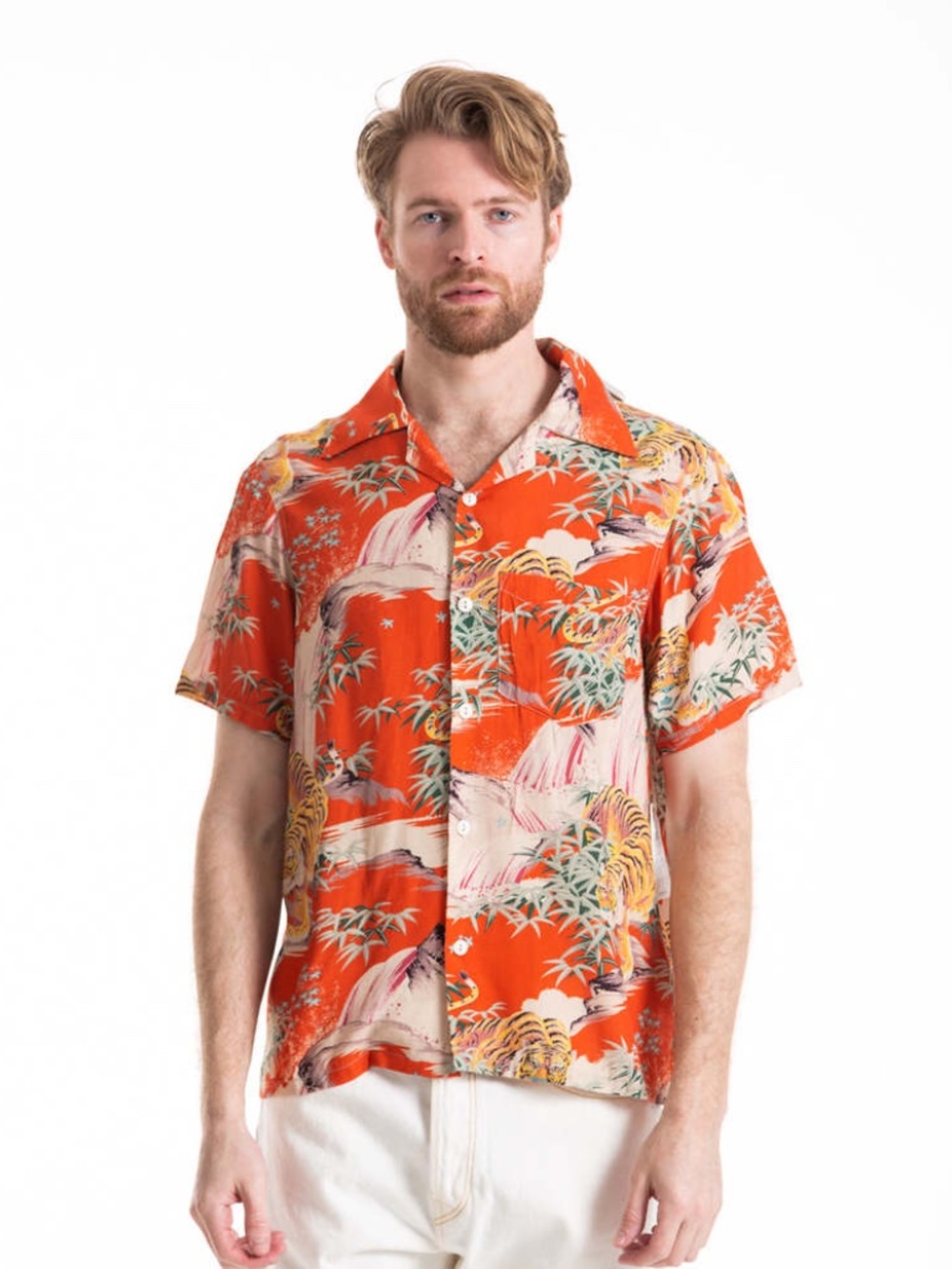 RE/DONE Men's Red Tiger Surf Camp Vintage Inspired Hawaiian Shirt